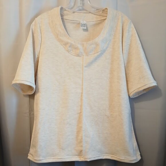 Nwt Scoop neck T-shirt Blouse womens L Cream Oatmeal heathered Short Slv terry - Picture 1 of 7